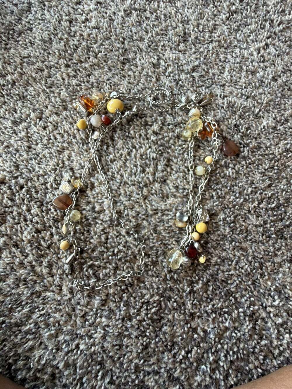 Chunky Silver-Tone Chain Necklace with Multi-Color Amber and Yellow Beaded Charm